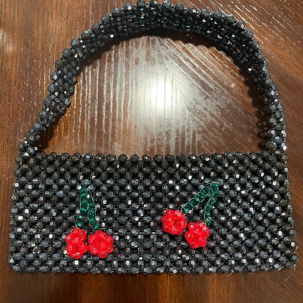 Black Beaded Shoulder Bag Red Cherry Charm Purse TikTok Viral - Picture 6 of 6